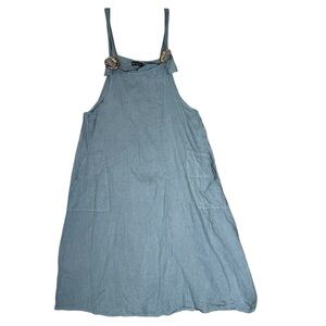 Belle Amore 100% Linen Blue Overall Midi Dress Lagenlook Oversized L/XL